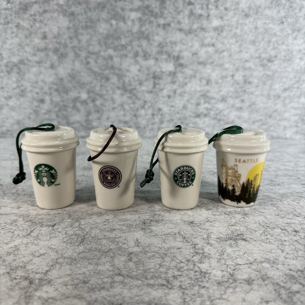 Starbucks Vintage White Ceramic To Go Cup Ornament Set of 4 Seattle Rare Mini